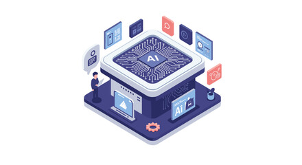 Isometric ai technology concept with data network and digital communication elements