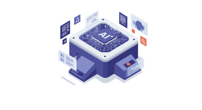 Futuristic isometric artificial intelligence processor with digital interfaces
