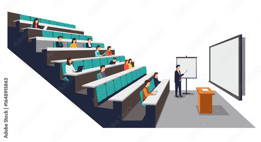 Poster isometric lecture hall with students and presenter in modern classroom setting