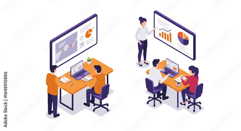 Poster isometric office team collaboration with digital presentations and data analysis