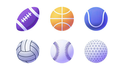 Obraz premium Six popular sports balls including football, basketball, tennis, volleyball, baseball, and golf for active lifestyle