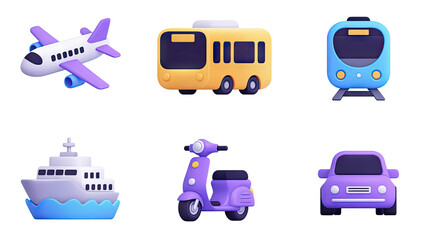 Vibrant collection of stylized 3D transport icons including airplane, bus, train, ship, scooter, and car.