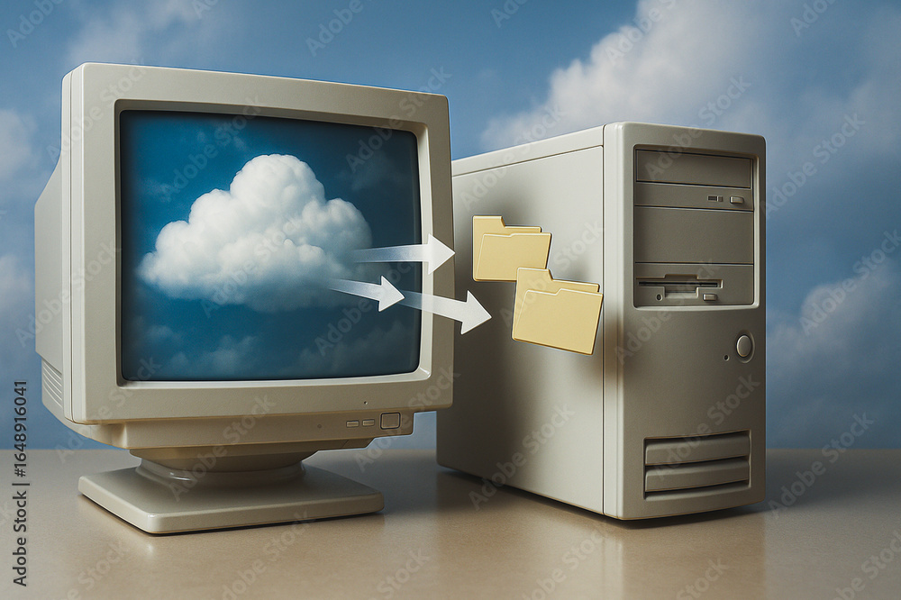 Poster cloud data transfer: a vintage computer monitor and desktop pc communicate in a visually engaging im