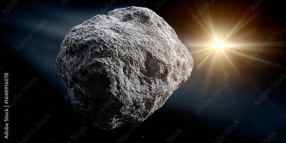 Poster asteroid orbiting a distant star surrounded by bright rays in the vastness of deep space