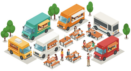 Isometric food truck park scene with diverse people and trees