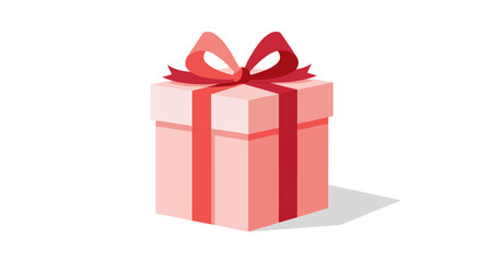 Fototapeta premium Festive pink gift box with red ribbon and bow in isometric style on white background