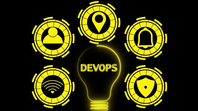 Dev Ops concept glowing lightbulb with technology icons user location bell shield wifi symbols on