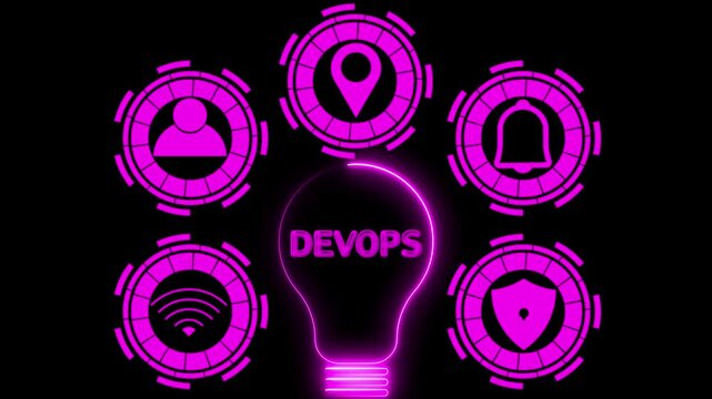 Dev Ops concept glowing lightbulb surrounded by digital interface icons representing user