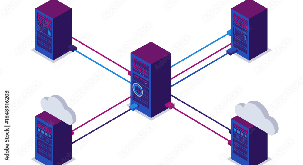 Poster isometric data server network with cloud connections on white background