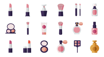 Cosmetic beauty products: lipsticks, brushes, perfumes, creams, and makeup kits in flat design