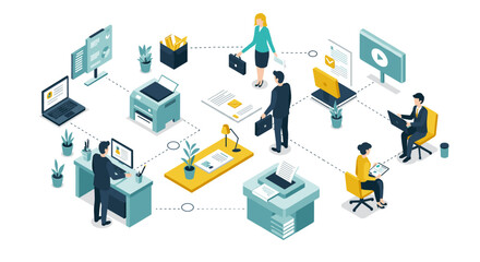 Obraz premium Remote work concept with isometric office scenes and digital collaboration