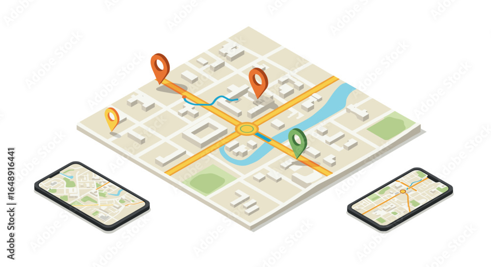 Poster isometric city map with navigation icons and mobile smartphone interface