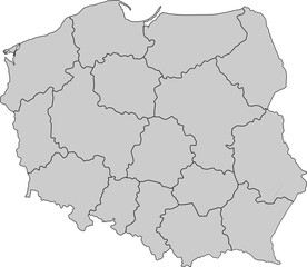 Obraz premium A sleek, grey political map of Poland with clearly defined province borders. Perfect for professional, educational, and data visualization projects.