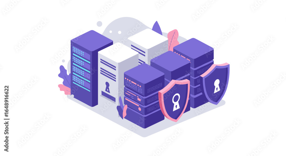 Poster isometric data center with secure servers and cybersecurity elements