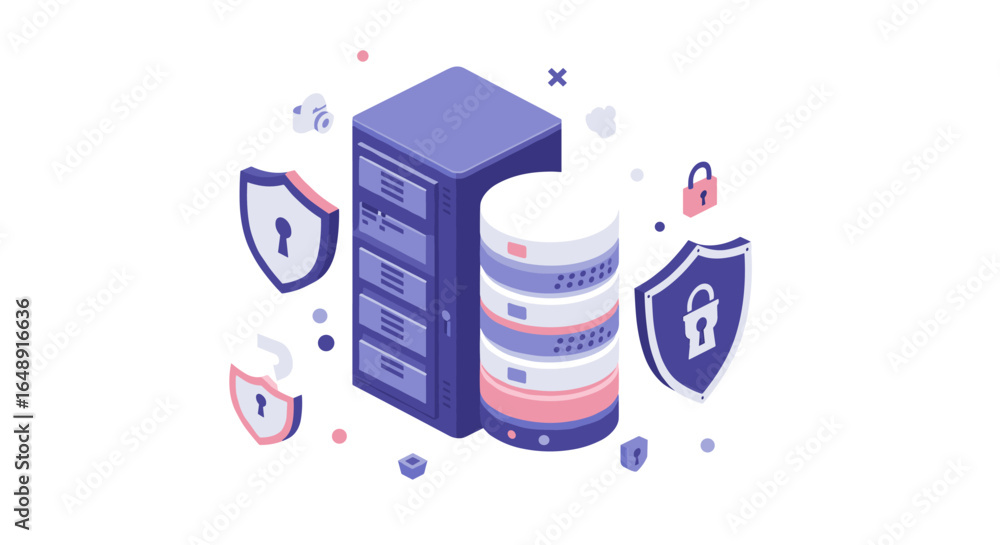 Poster secure data storage with isometric servers and protection icons