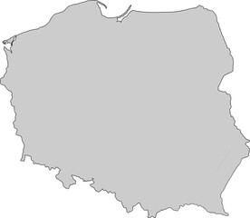  A clean, grey silhouette map of Poland. Minimalist and professional, it's ideal for corporate, educational, and data visualization projects.