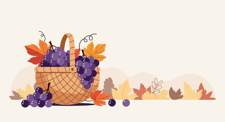 Basket Full Of Grapes Illustration Against A Backdrop Of Autumn Leaves