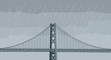 Fototapeta premium Bay Bridge under a Rainy Sky Minimalist Vector Art Depicting a Gray Rainy Day over the Bay Bridge