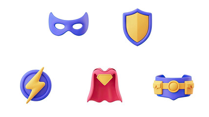 Unleash your inner superhero with vibrant 3D icons of masks, capes, and lightning bolts for dynamic designs.