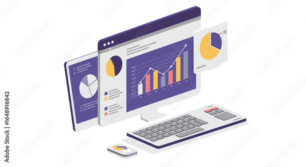 Poster isometric business analytics dashboard with charts and graphs on computer screen