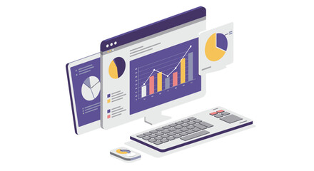 Isometric business analytics dashboard with charts and graphs on computer screen