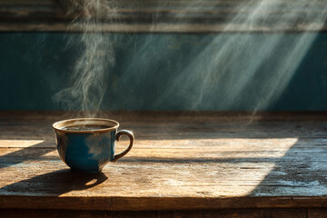 Enjoy a steaming cup of coffee in morning sunlight for a warm, cozy, and comforting start
