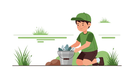 Boy With A Bucket Full Of Fish After Successful Fishing Session On Weekend