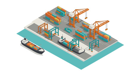 Isometric shipping port with cargo ships and cranes in vibrant colors
