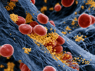 Close-up of red blood cells interacting with yellow particles.