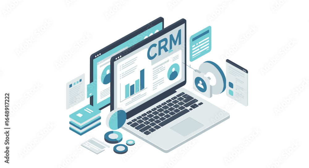 Poster isometric crm software platform displayed on laptop with analytics and cloud integration