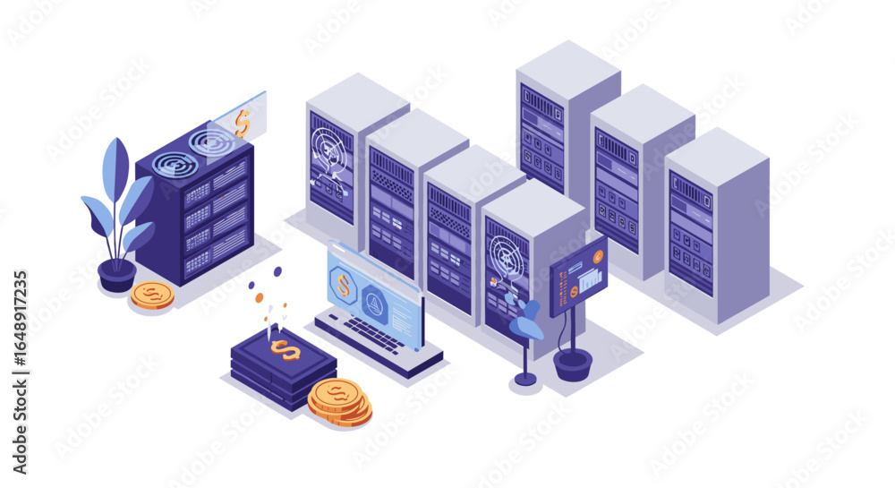 Aufkleber isometric server room with cryptocurrency elements and data security icons