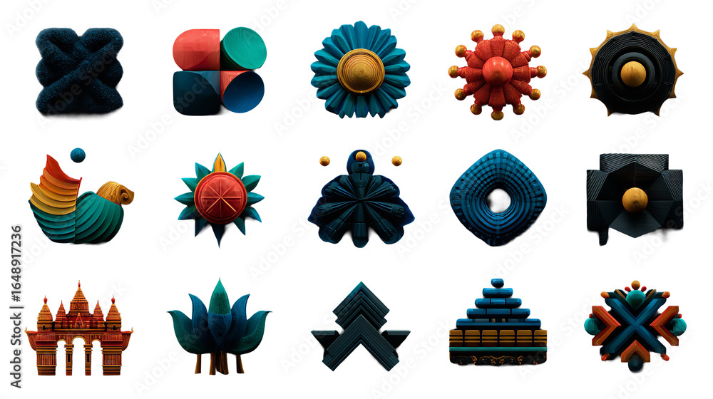 Poster assorted geometric shapes and structures artistic composition on transparent background