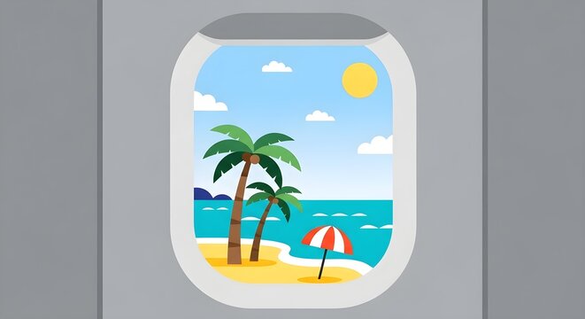 Fototapeta Tropical Beach Scene Seen Through Airplane Window Illustration.