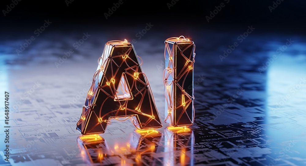 Poster cutting edge ai concept with glowing letters on circuit board background for tech innovation visuals