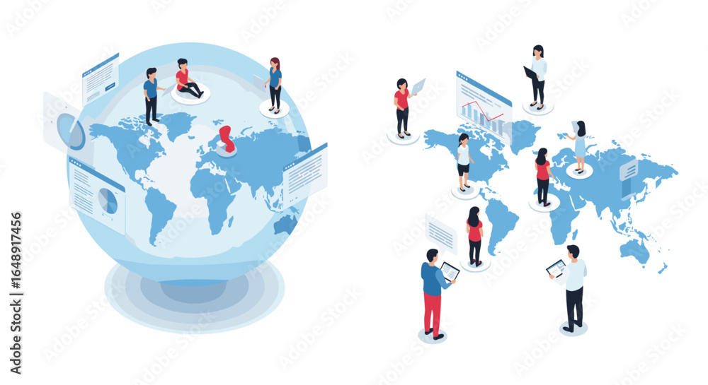 Poster global teamwork concept with people and data on world map