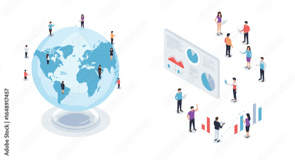 Aufkleber global connectivity and data analysis: isometric people interacting with globe and graphs