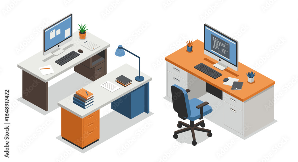 Aufkleber modern office workspace in isometric style with computers and desks