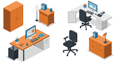 Modern office furniture collection with isometric design in orange and white