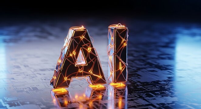 Cutting edge AI concept with glowing letters on circuit board background for tech innovation visuals