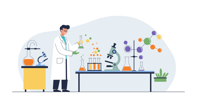 Scientist in lab with equipment and molecular model in modern cartoon style