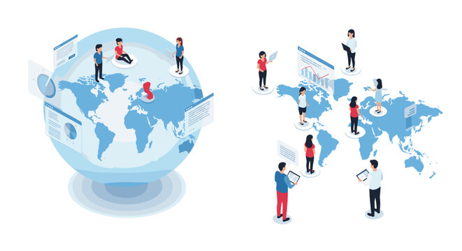 Global teamwork concept with people and data on world map