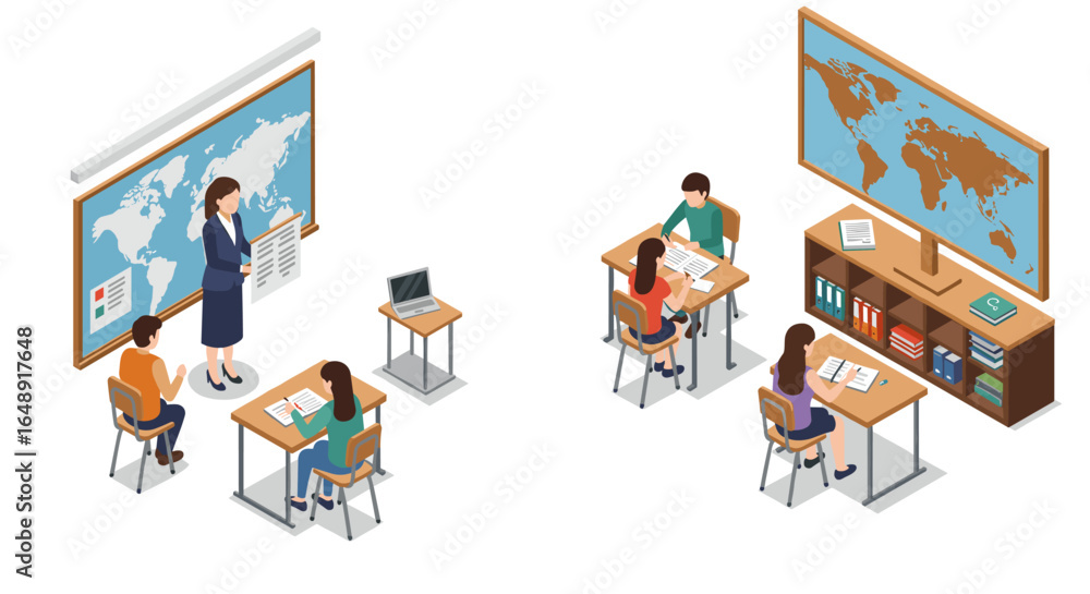 Poster classroom learning with world maps and engaged students in isometric design