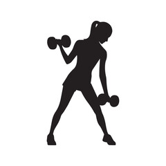 Fit woman lifting dumbbells silhouette. Female athlete doing bicep curls, strength training vector icon.