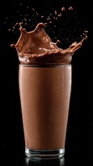 Chocolate Milkshake Splash. Glass of Rich Chocolate Drink on Black Background.