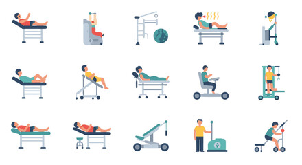 Physical therapy equipment and exercises in flat style for rehabilitation and recovery
