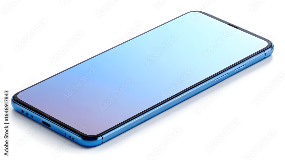 Poster mockup a blue smartphone with a gradient screen is displayed on a white surface in a high-angle shot
