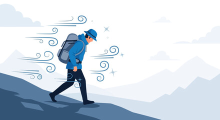 Brave The Elements A Determined Hiker Walks Against Strong Winds On Mountain