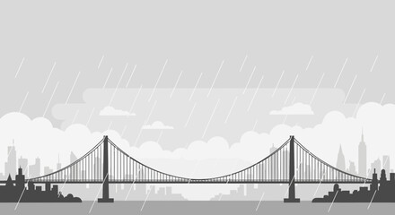 Obraz premium Bridge Silhouette Over City Skyline In Rainy Weather Minimalist Flat Design