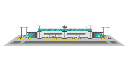 Fototapeta premium Modern flat design airport terminal with taxiway and ground vehicles