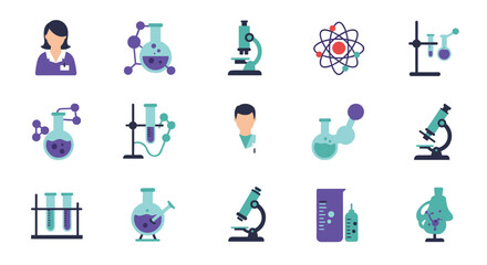 Colorful science icons featuring laboratory equipment and scientists